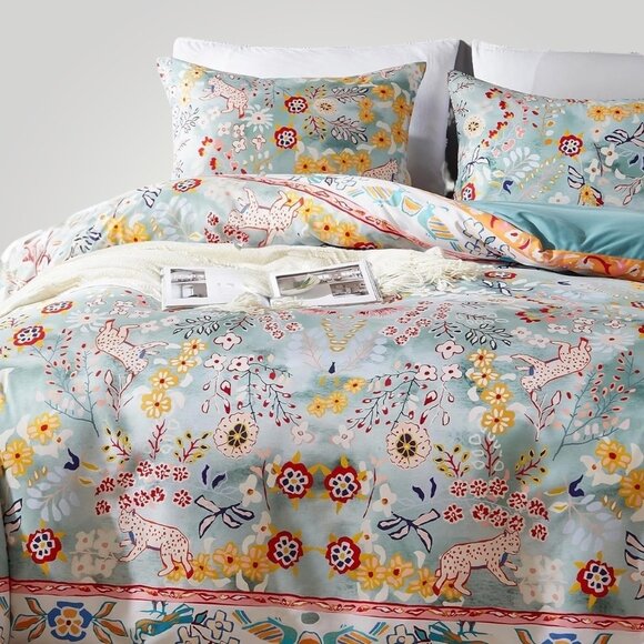 NEW Anthro Blue Jungle Multicolor Boho Queen / King Bedding Duvet & Sham Case - Picture 9 of 14